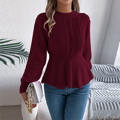 Women's Cable Knit Sweater With Peplum Hem Round Neck Ribbed Waist Top For Spring And Fall