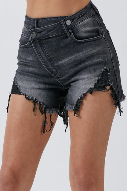 RISEN Raw Hem Asymmetrical Waist Denim Shorts - Hatuti