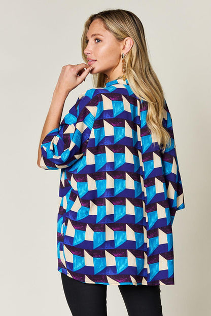 Double Take Full Size Geometric Notched Half Sleeve Blouse - Hatuti