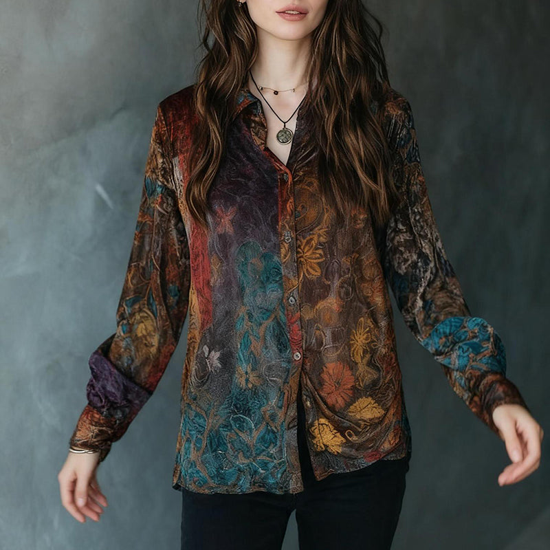 Women's Retro Boho Floral Shirt - Button Down Long Sleeve Blouse, Vintage Style Top