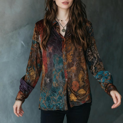 Women's Retro Boho Floral Shirt - Button Down Long Sleeve Blouse, Vintage Style Top