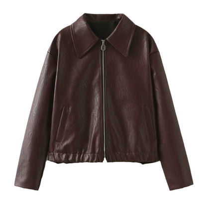 Solid Color Lapel Zipper Jacket Fashion Casual Long Sleeve Leather Coat