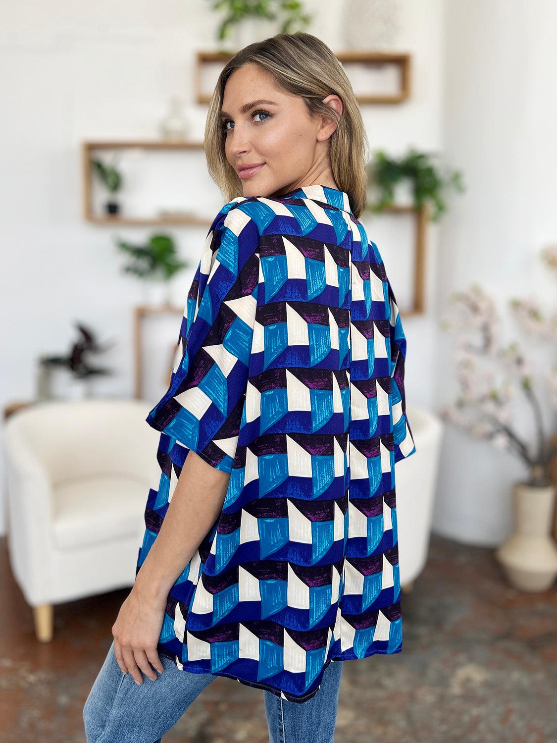 Double Take Full Size Geometric Notched Half Sleeve Blouse - Hatuti