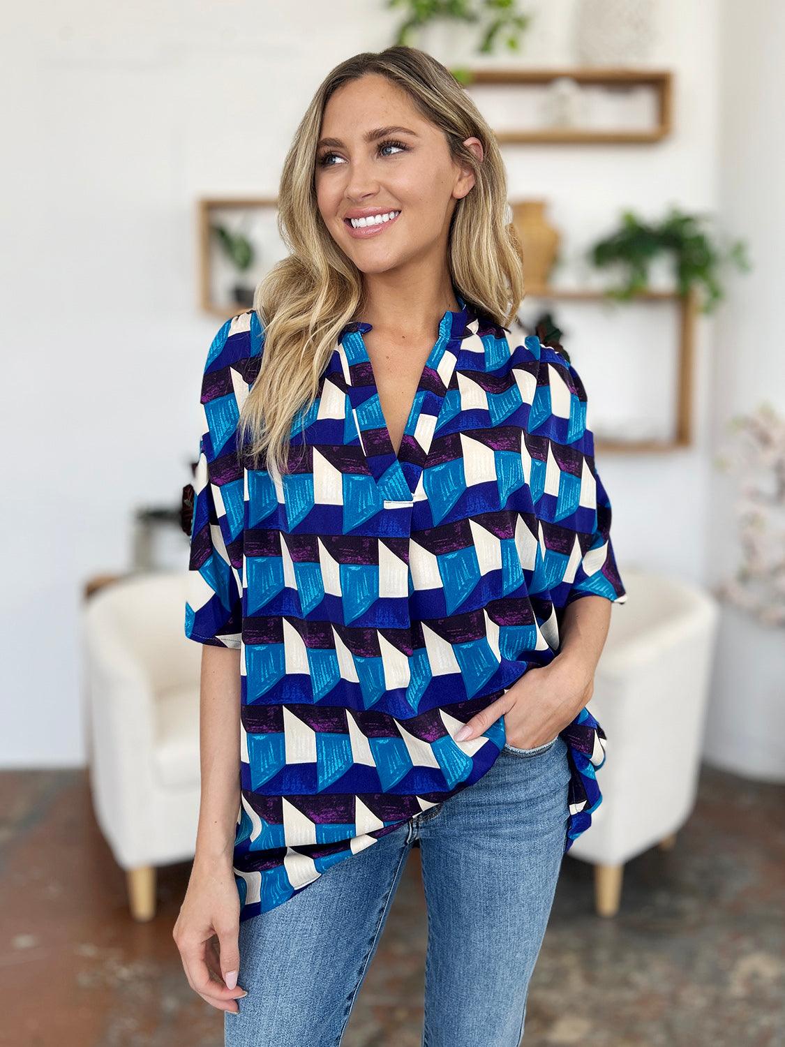 Double Take Full Size Geometric Notched Half Sleeve Blouse - Hatuti