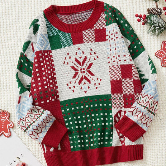Christmas Tree Elk Jacquard Knitted Crew Neck Pullover Sweater Women