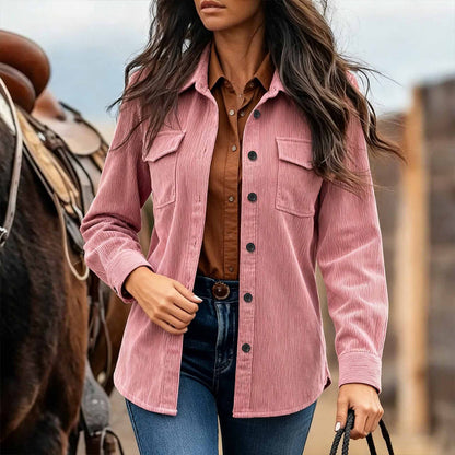 Women's Solid Color Corduroy Shirt Jacket, Classic Lapel Button Front Coat With Chest Pocket
