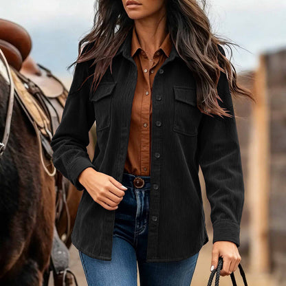 Women's Solid Color Corduroy Shirt Jacket, Classic Lapel Button Front Coat With Chest Pocket