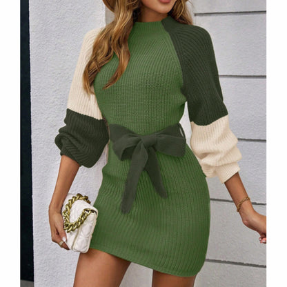 Women's Color Block Sweater Midi Dress - Fall Long Sleeve Bodycon Dress With Tie Waist