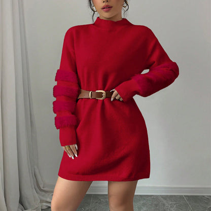 Women's Plush Long Sleeve Mini Dress, Solid Color A-Line Fitted Dress With Faux Fur Trim For Winter Parties