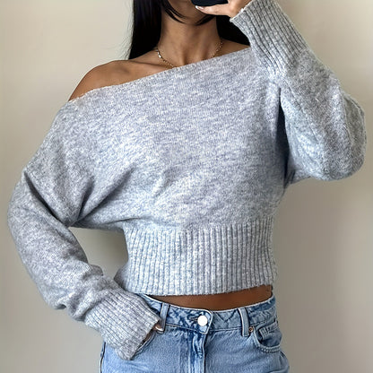 Women's Off The Shoulder Cropped Sweater - Boat Neck Long Sleeve Pullover, Casual Trendy Top