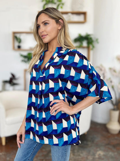 Double Take Full Size Geometric Notched Half Sleeve Blouse - Hatuti