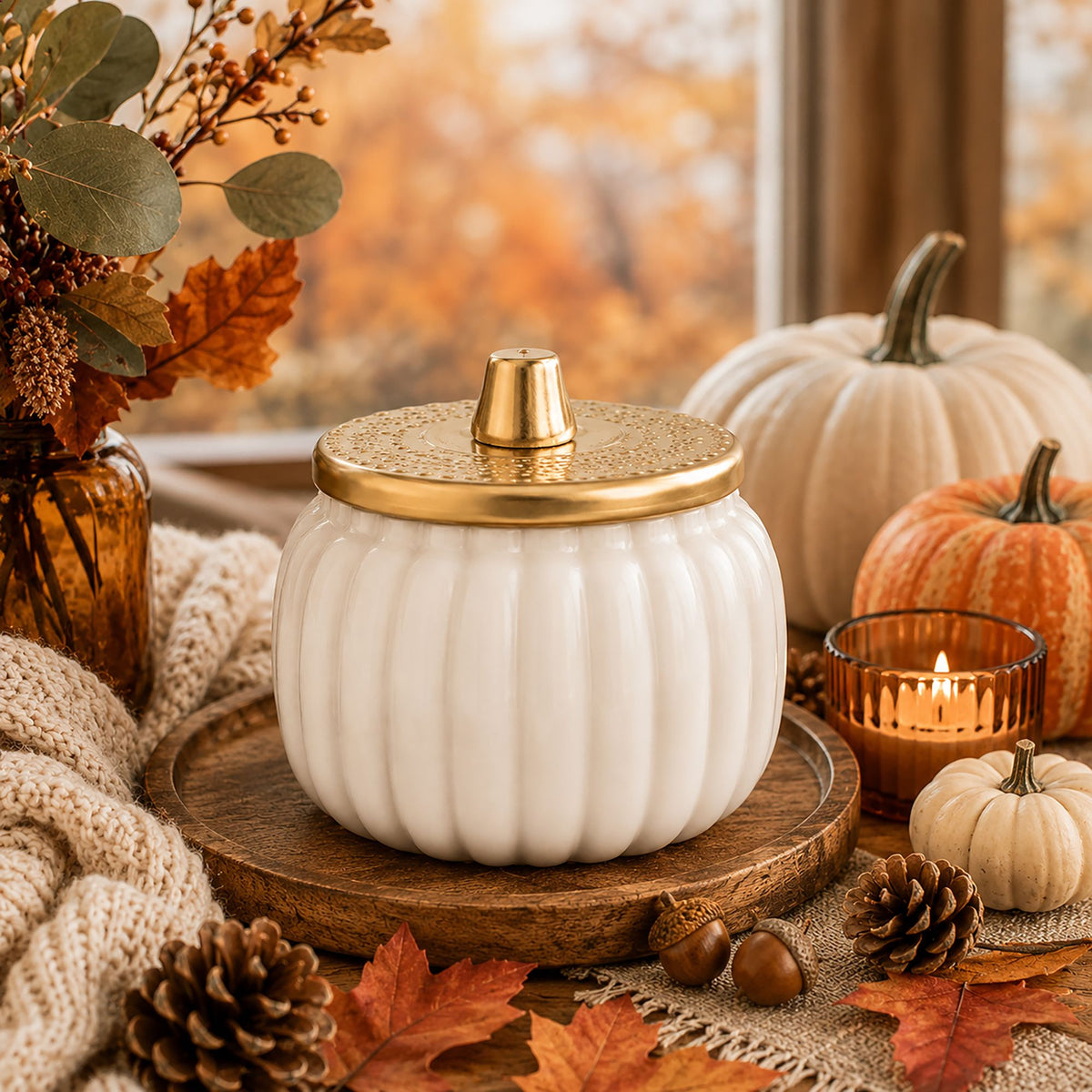 A ribbed white ceramic jar Candle with a gold lid sits on a wooden tray in a fall-themed setting with pumpkins, pinecones, acorns, autumn leaves, and a candle.