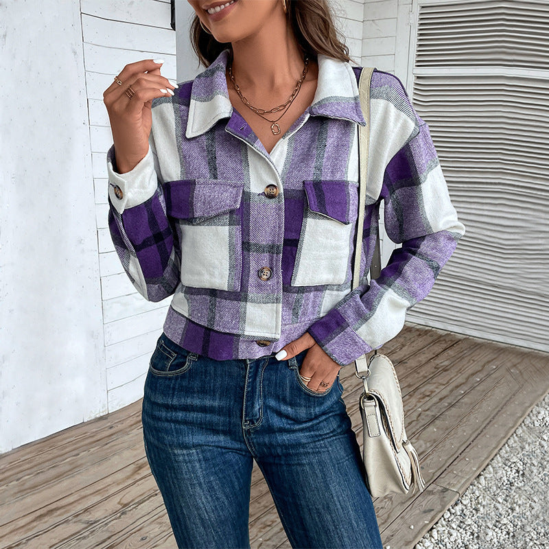 Plaid Lapel Cropped Jacket With Pockets Fashion Button Long Sleeve Short Outwear Tops Coat