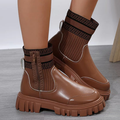 Fashion Mid-tube Boots With Zipper Design Non-slip Thick Sole Elastic Knitted Patchwork Boots For Winter