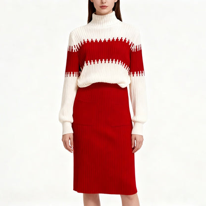 Women's 2-Piece Sweater Set Color-Block Long Sleeve Knit Top & Pocket Skirt For Winter Formal Occasions