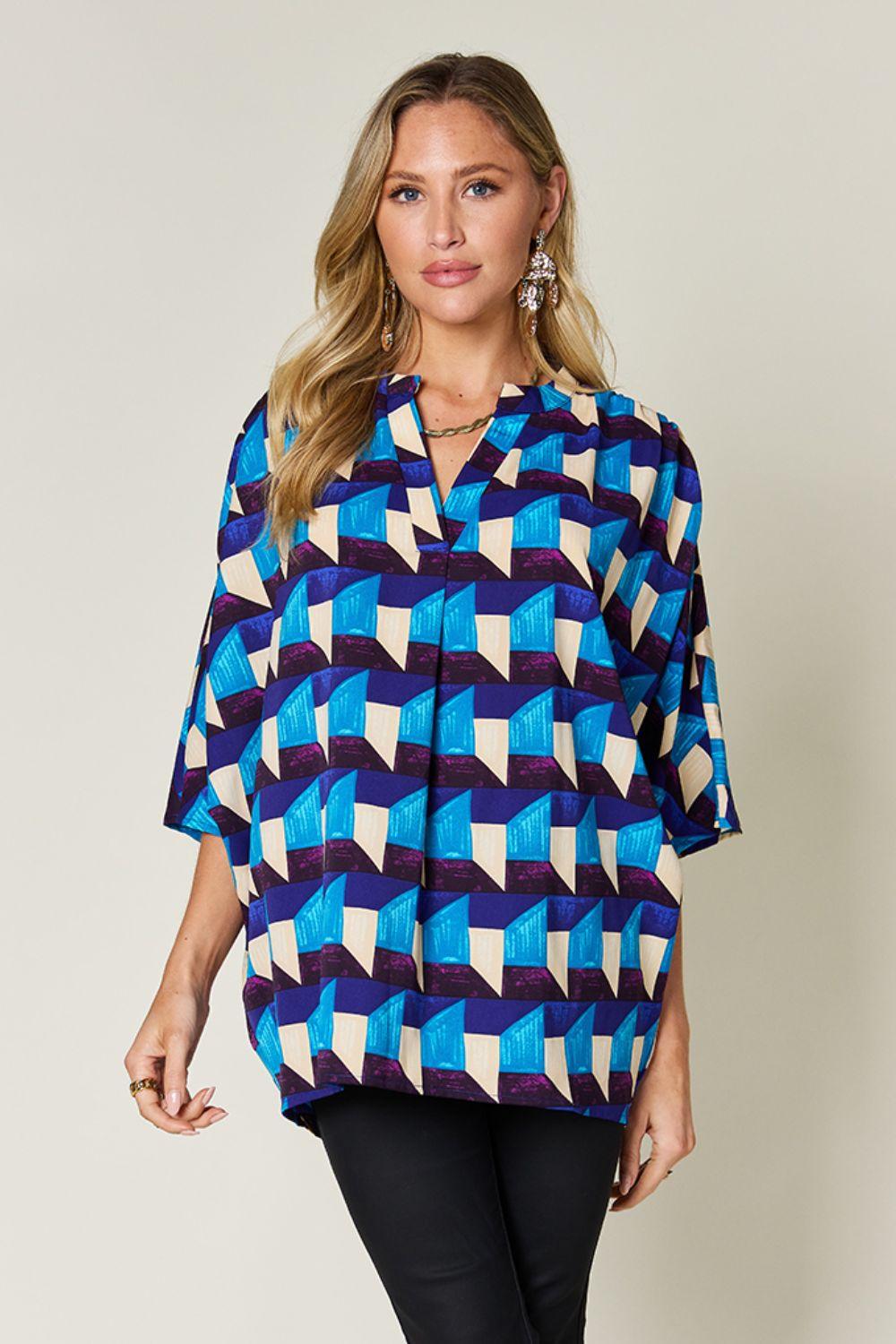 Double Take Full Size Geometric Notched Half Sleeve Blouse - Hatuti