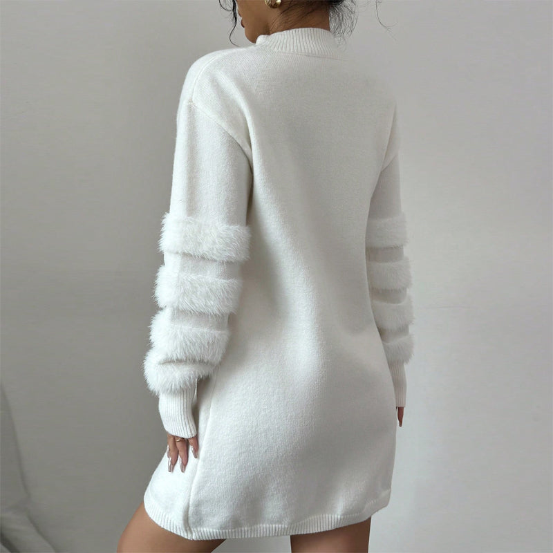 Women's Plush Long Sleeve Mini Dress, Solid Color A-Line Fitted Dress With Faux Fur Trim For Winter Parties