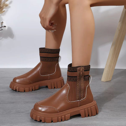 Fashion Mid-tube Boots With Zipper Design Non-slip Thick Sole Elastic Knitted Patchwork Boots For Winter