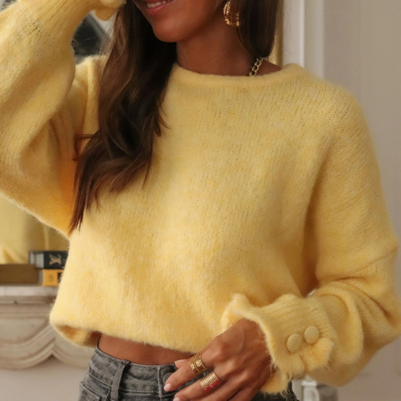 Women's Ruffle Cuff Sweater - Soft Round Neck Long Sleeve Casual Top For Chic Everyday Outfits
