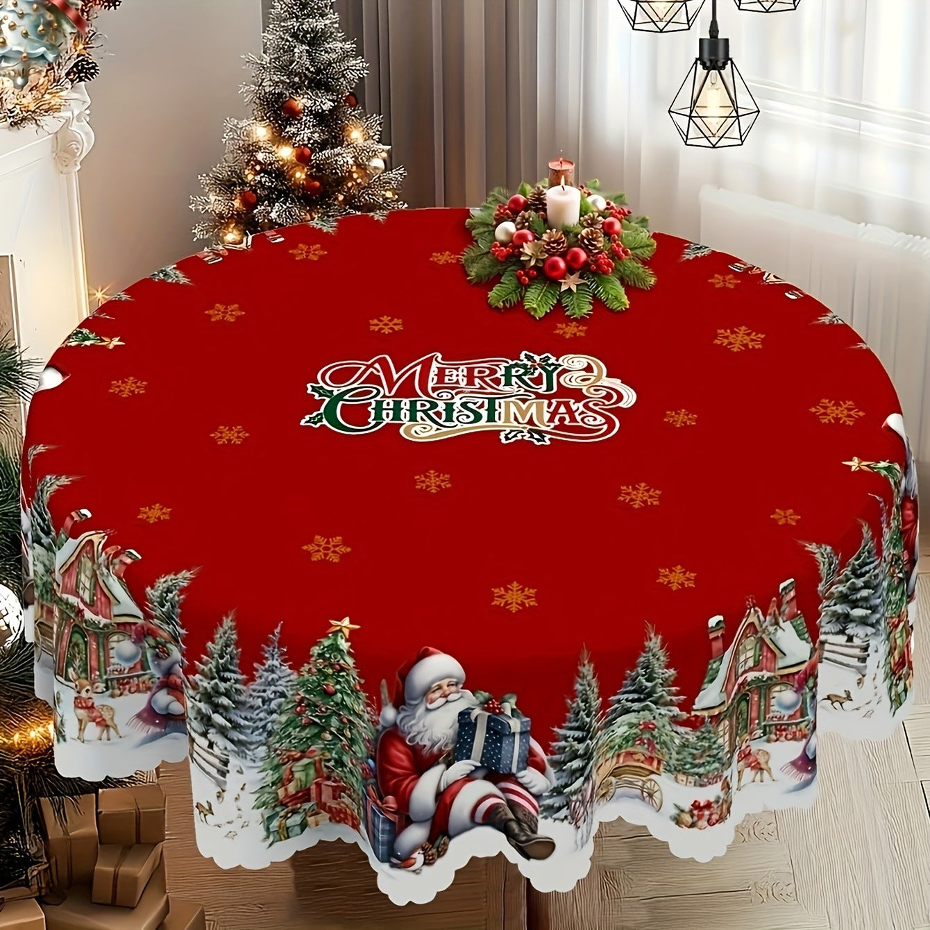 Christmas Snowflake Santa Claus Tablecloth Polyester Washable