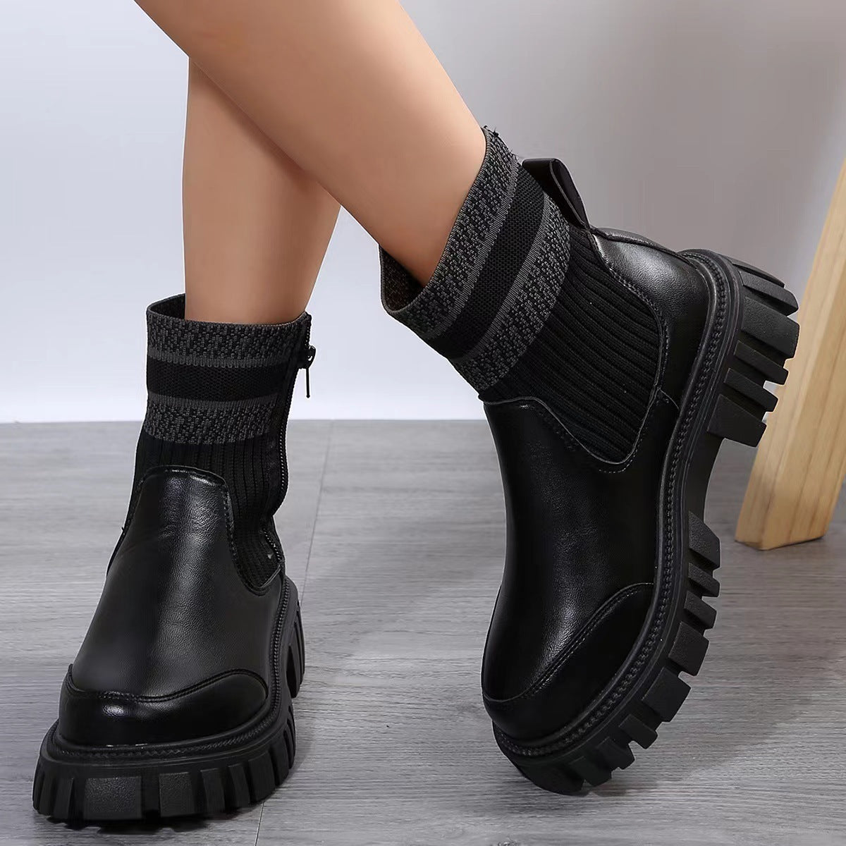 Fashion Mid-tube Boots With Zipper Design Non-slip Thick Sole Elastic Knitted Patchwork Boots For Winter