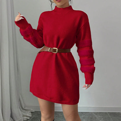 Women's Plush Long Sleeve Mini Dress, Solid Color A-Line Fitted Dress With Faux Fur Trim For Winter Parties