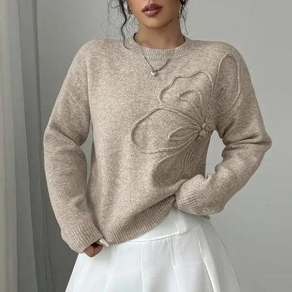 Women's Elegant Floral Sweater - 2025 Fall Winter Crew Neck Long Sleeve Casual Pullover