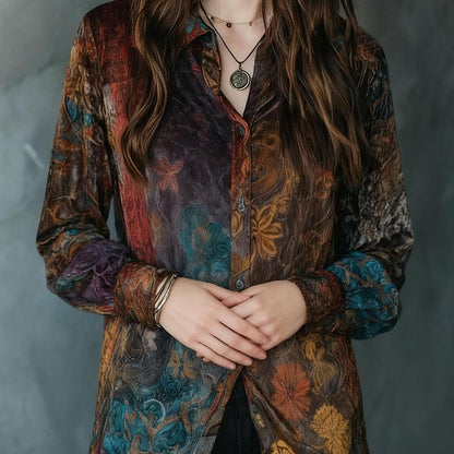 Women's Retro Boho Floral Shirt - Button Down Long Sleeve Blouse, Vintage Style Top