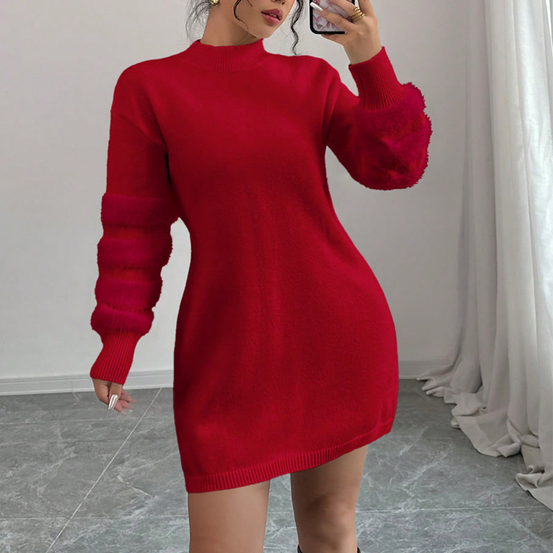 Women's Plush Long Sleeve Mini Dress, Solid Color A-Line Fitted Dress With Faux Fur Trim For Winter Parties