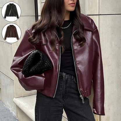 Solid Color Lapel Zipper Jacket Fashion Casual Long Sleeve Leather Coat