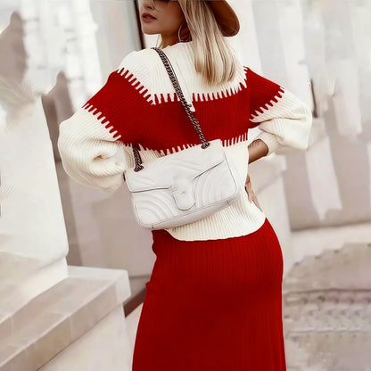 Women's 2-Piece Sweater Set Color-Block Long Sleeve Knit Top & Pocket Skirt For Winter Formal Occasions