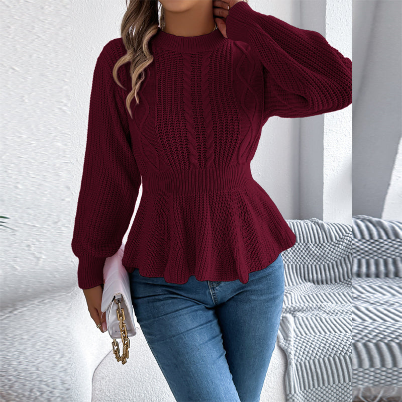 Women's Cable Knit Sweater With Peplum Hem Round Neck Ribbed Waist Top For Spring And Fall