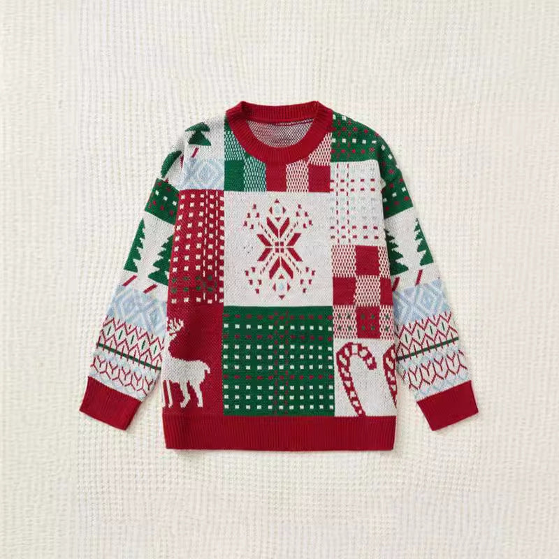 Christmas Tree Elk Jacquard Knitted Crew Neck Pullover Sweater Women
