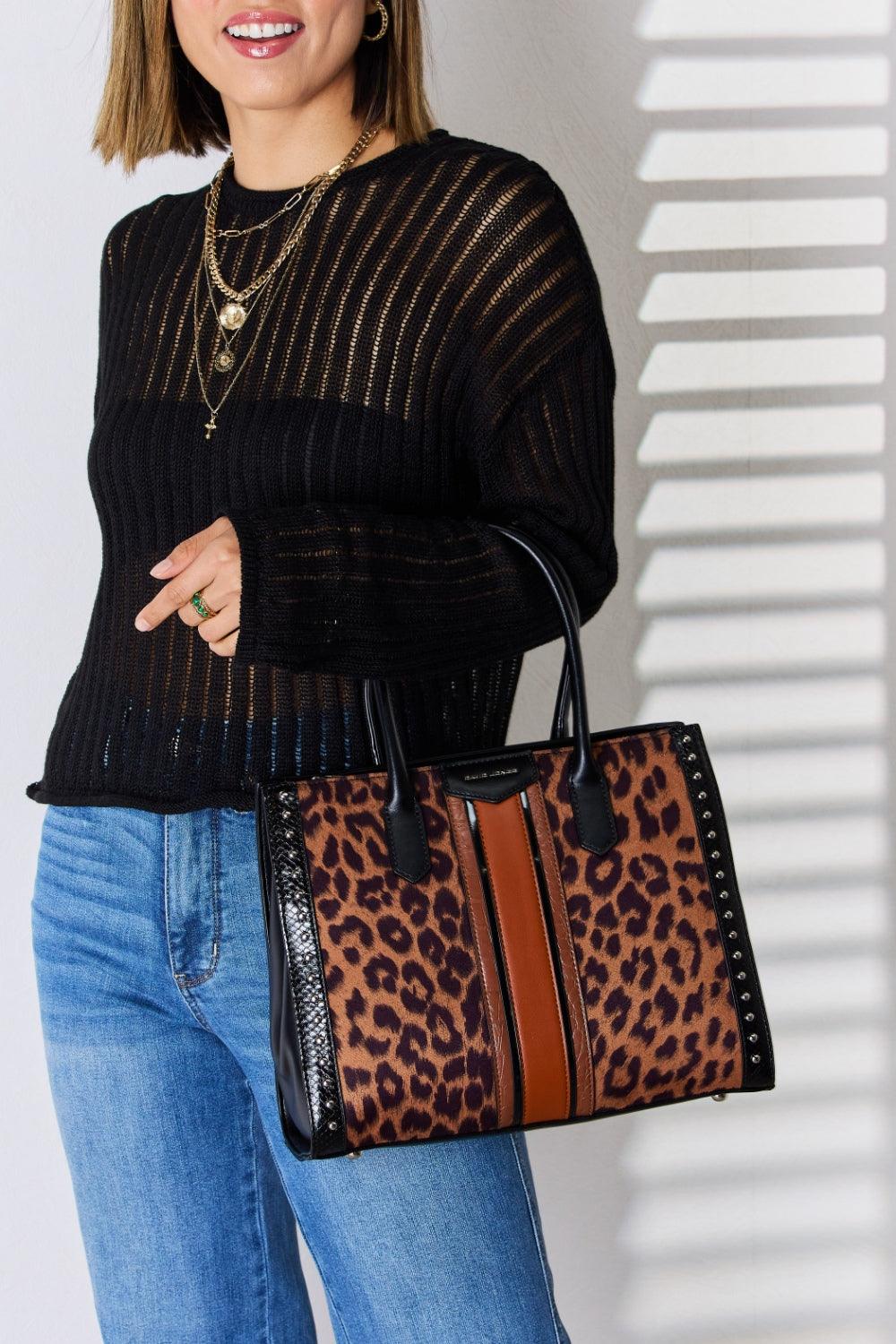 David Jones Leopard Contrast Rivet Handbag - Hatuti