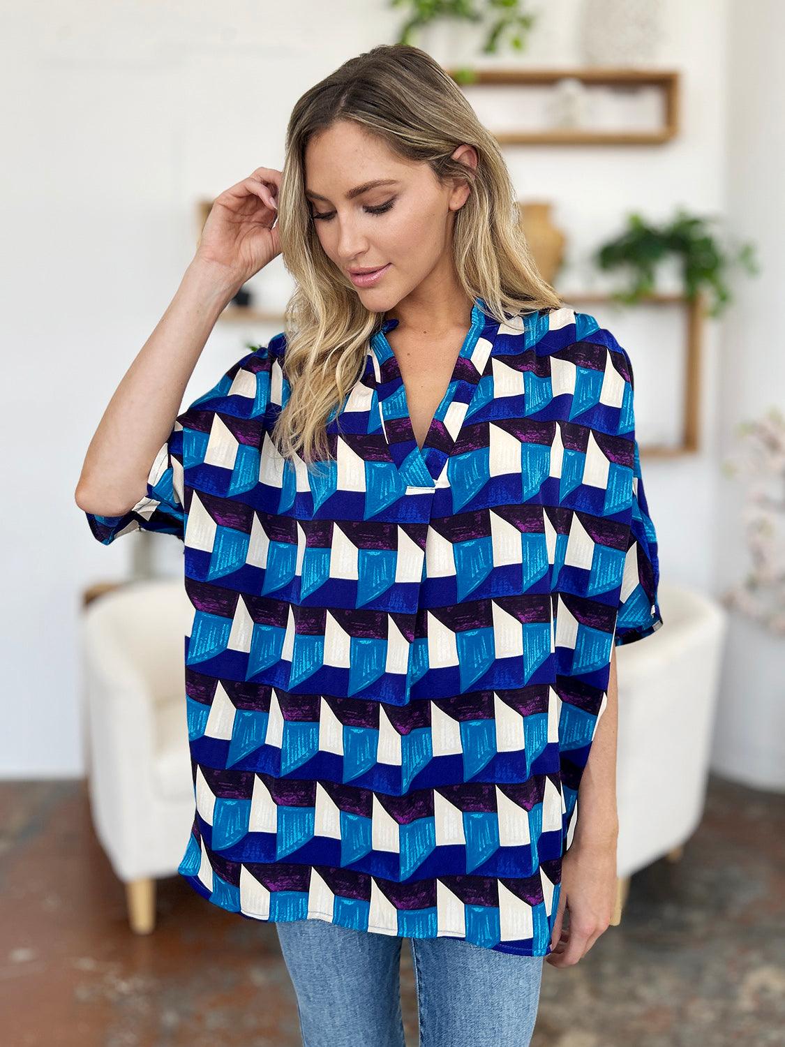 Double Take Full Size Geometric Notched Half Sleeve Blouse - Hatuti