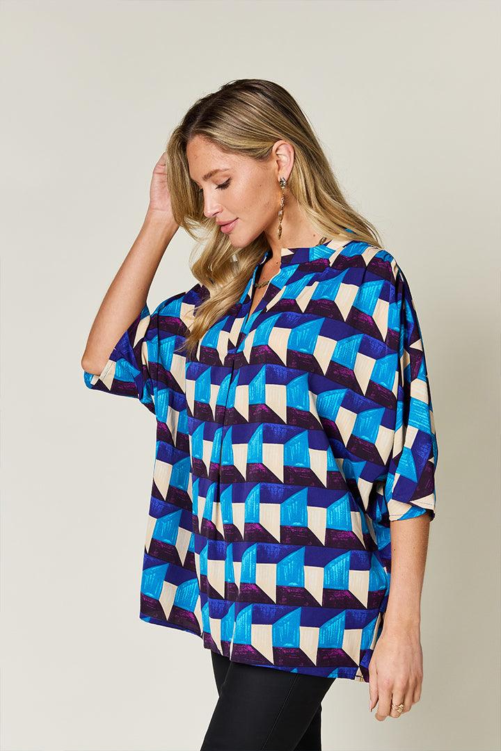 Double Take Full Size Geometric Notched Half Sleeve Blouse - Hatuti