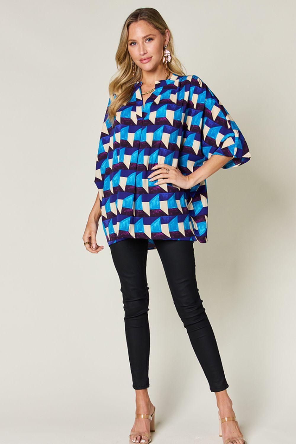 Double Take Full Size Geometric Notched Half Sleeve Blouse - Hatuti