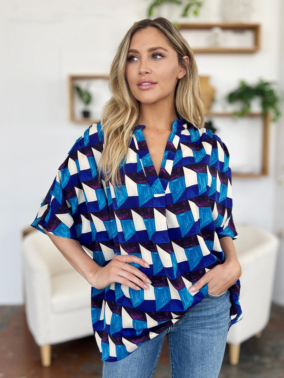 Double Take Full Size Geometric Notched Half Sleeve Blouse - Hatuti