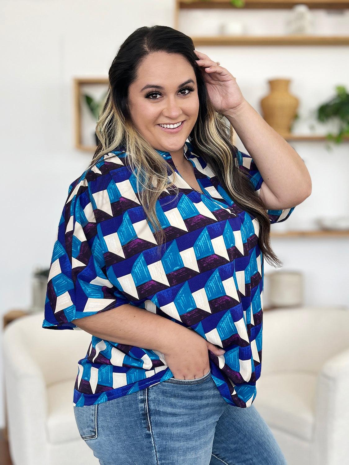 Double Take Full Size Geometric Notched Half Sleeve Blouse - Hatuti