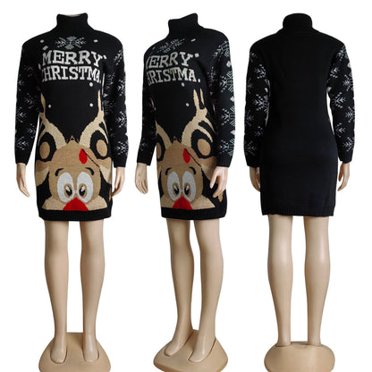 Autumn And Winter Christmas Thick Fashion Temperament High Collar Women's Knitted Sweater Dress