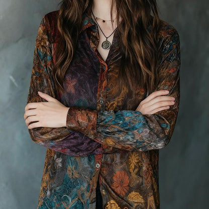 Women's Retro Boho Floral Shirt - Button Down Long Sleeve Blouse, Vintage Style Top
