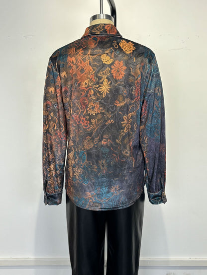 Women's Retro Boho Floral Shirt - Button Down Long Sleeve Blouse, Vintage Style Top