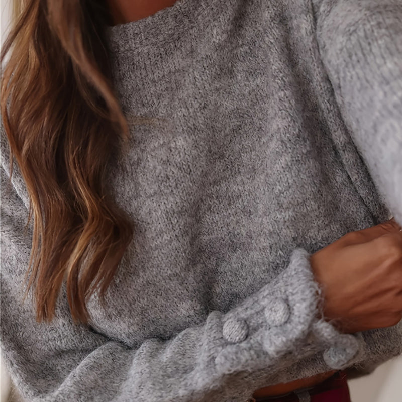 Women's Ruffle Cuff Sweater - Soft Round Neck Long Sleeve Casual Top For Chic Everyday Outfits