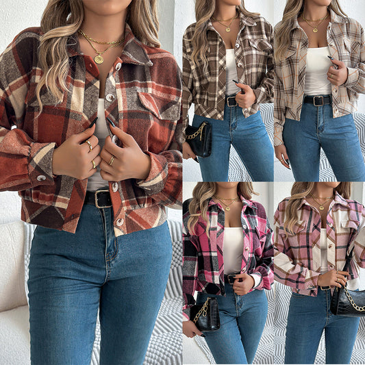 Autumn And Winter Casual Plaid Pocket Long Sleeve Woolen Jacket Coat