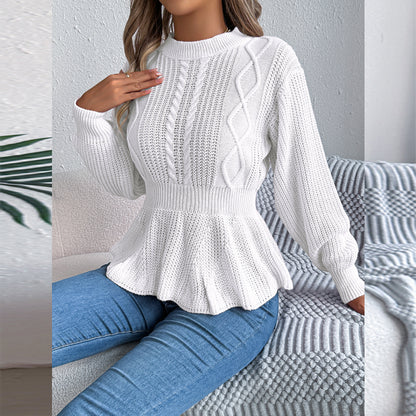 Women's Cable Knit Sweater With Peplum Hem Round Neck Ribbed Waist Top For Spring And Fall