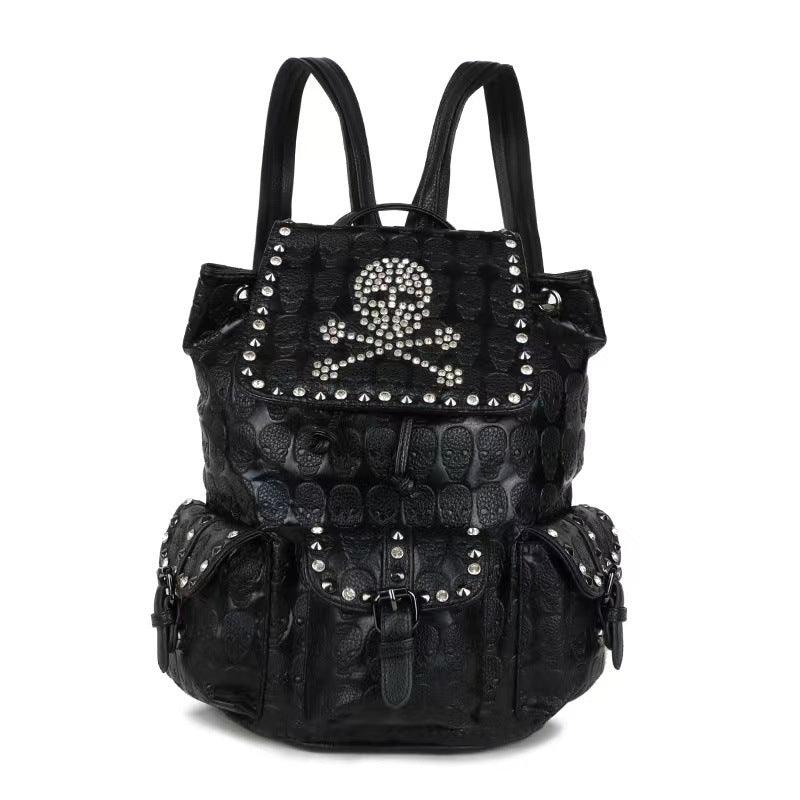 Fashion Skull Rivets With Diamonds Leather Backpack - Hatuti