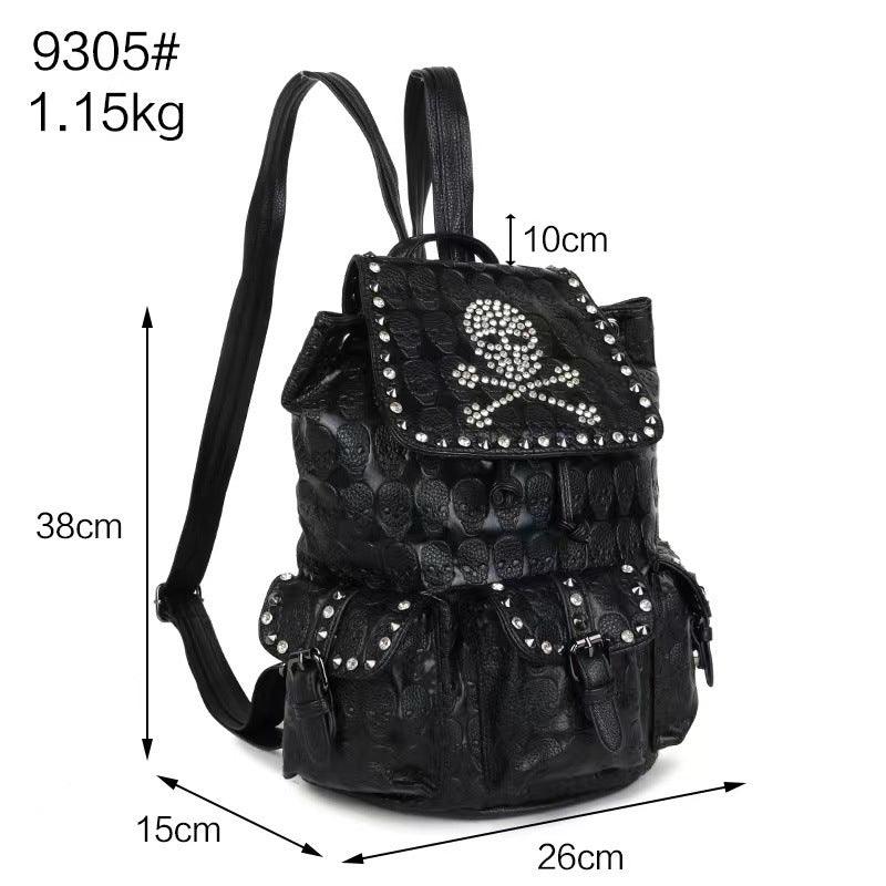 Fashion Skull Rivets With Diamonds Leather Backpack - Hatuti