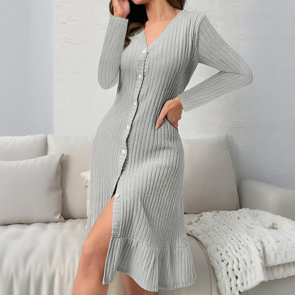 Women's V-Neck Bodycon Midi Dress - 2025 Spring Fall Long Sleeve Button Down Elegant Dress
