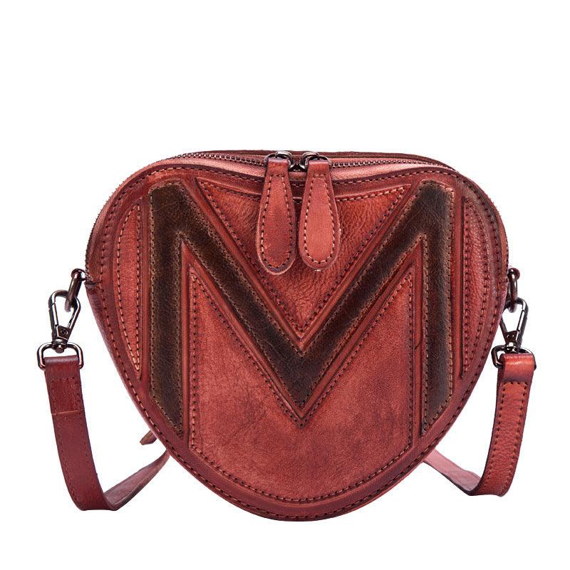 Heart-Shaped Top Layer Leather Fashion Polished Crossbody Bag - Hatuti