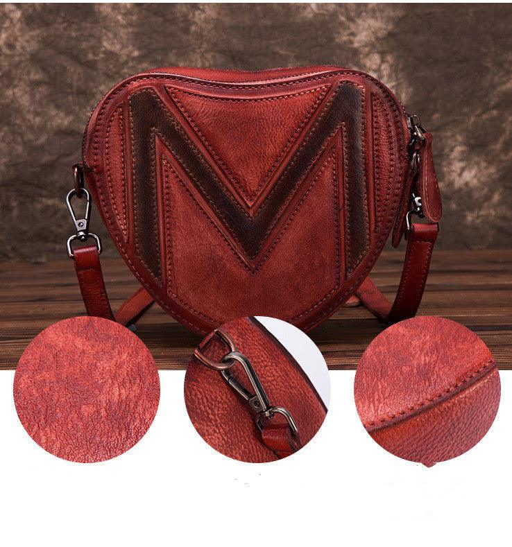 Heart-Shaped Top Layer Leather Fashion Polished Crossbody Bag - Hatuti